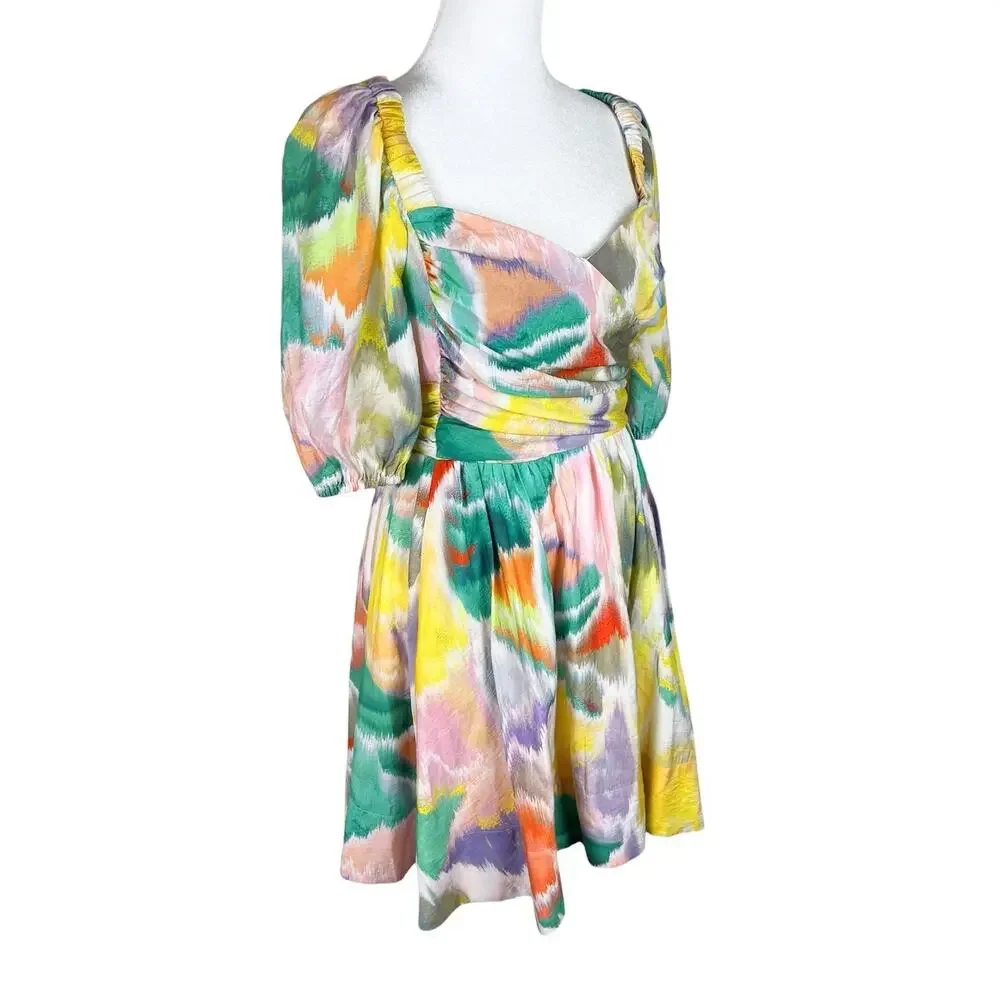 Anthropologie Swingy Rainbow Tie Dye Puff Sleeve Smocked Flirty Mini Dress Sz XS - Picture 4 of 9